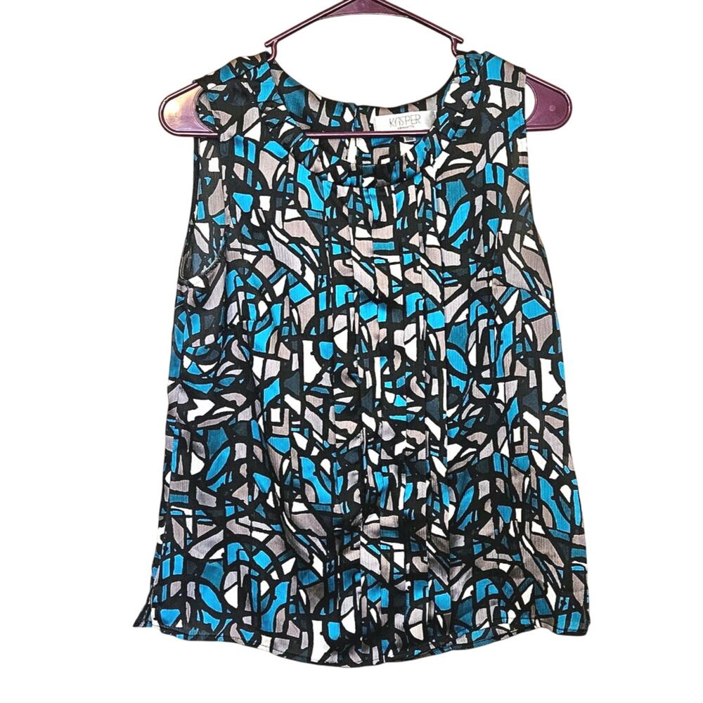 Kasper Size Medium M Abstract Geometric Stained Glass Blouse Top Teal Grey Gray